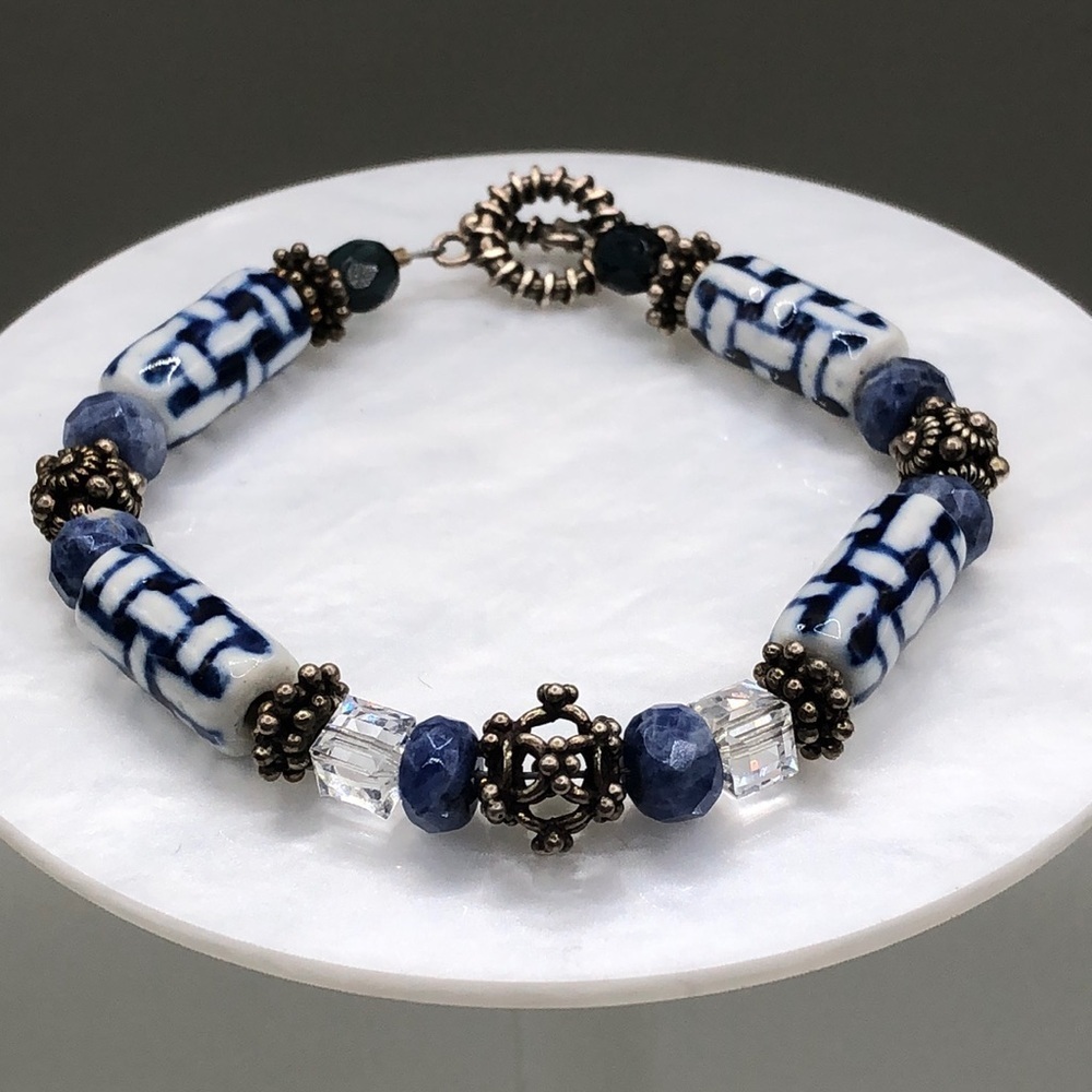 𝅺Vintage artisan handmade ceramic bead sterling silver bracelet boho free spirit